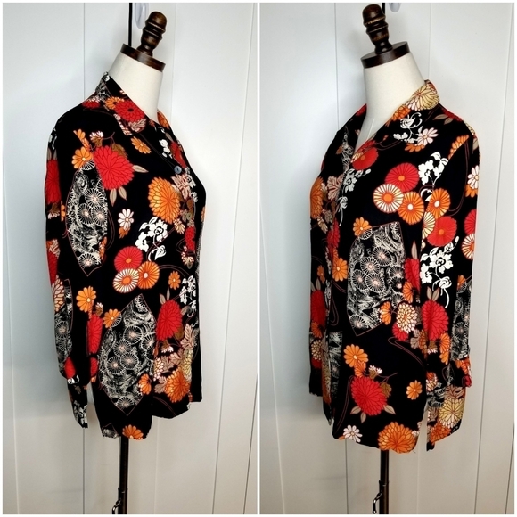 GRAFF Wear Women's Boho Cottagecore Black Floral Longsleeve Buttondown, Small - Picture 2 of 10